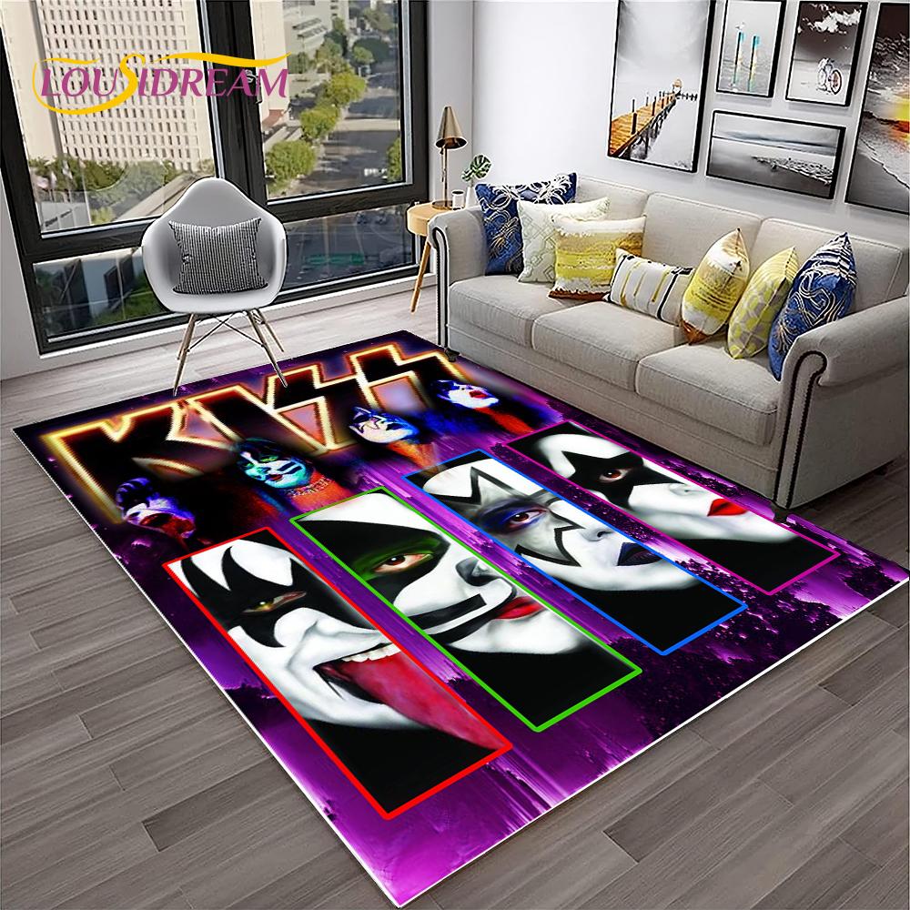 Retro Koberec KISS Rocková Kapela pro Domácí Obývací Pokoj Ložnici Hernu Pohovku Kuchyňskou Rohožku Dekor, Dětský Koberec Protiskluzová Podložka na Podlahu