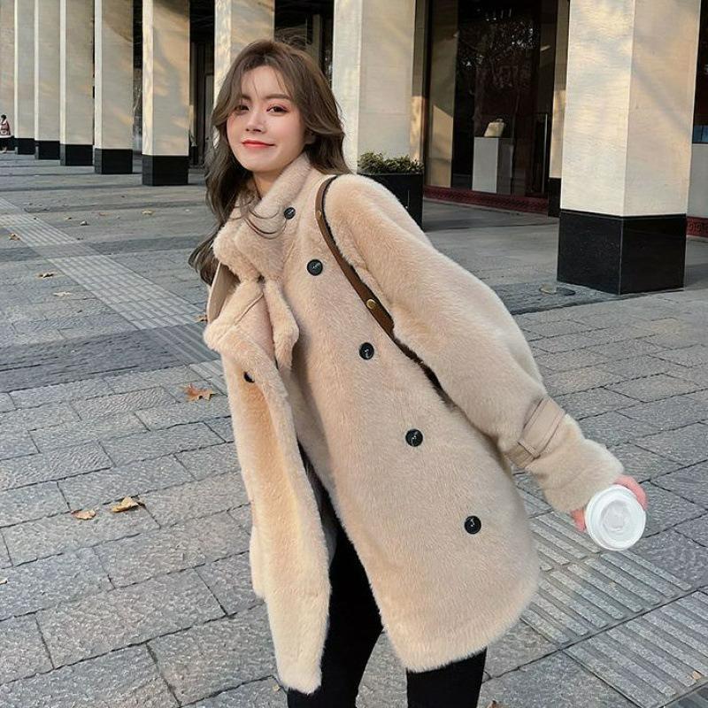 Toamnă și Iarnă Imitație Mătase de Nurcă Catifea Gros Blană Dintr-o Bucată Lână de Miel Larg și Subțire Palton Femei Lungime Medie