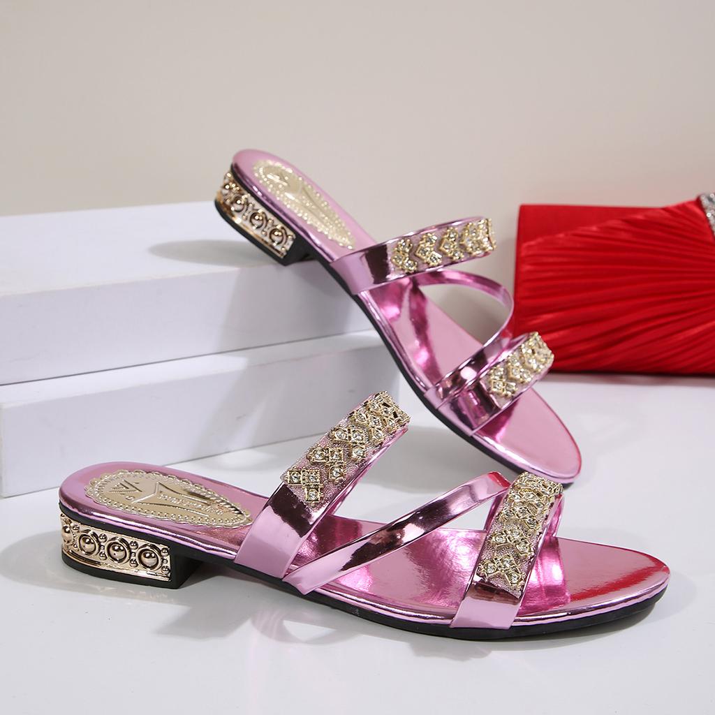 2025 New Women Slippers Open Toe High Heel Rhinestones Shoes Medium Heel Thick Heel Slippers Lightweight Sandals Slides Women