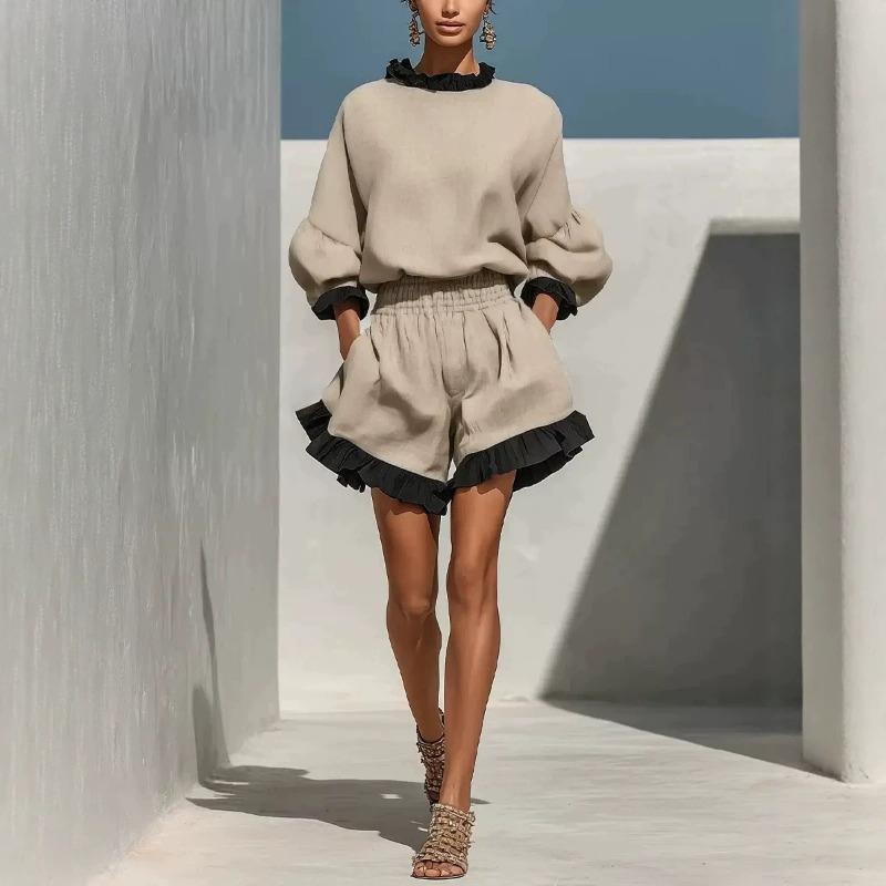 Women S Two Piece Set Hoodie And High Waist Shorts With Ruffle Hem