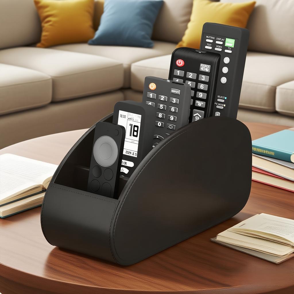 1pc PU Remote Control Holder with 5-Compartment Storage Box, Multi-Function Desktop & Bedside Organizer for TV Remote, Media
