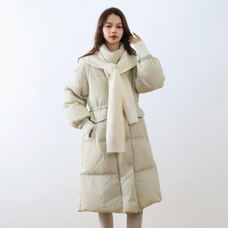 

White duck down winter new loose medium and long coat hooded removable knitted hat down jacket women S