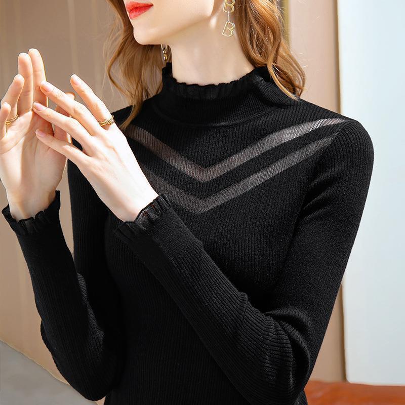 Half High Collar Base Shirt with Lace Patchwork Top On Top Sweater