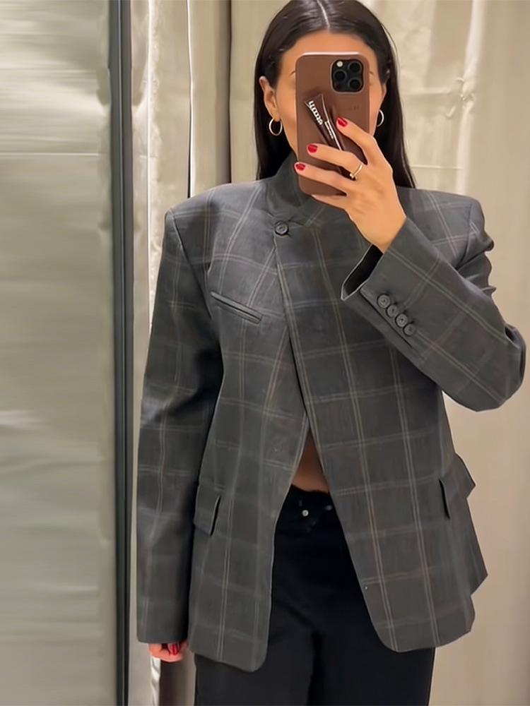 2026 European & American Women's Irregular Plaid Long Sleeve Suit Jacket - Versatile Spring/Autumn Commuting Wear