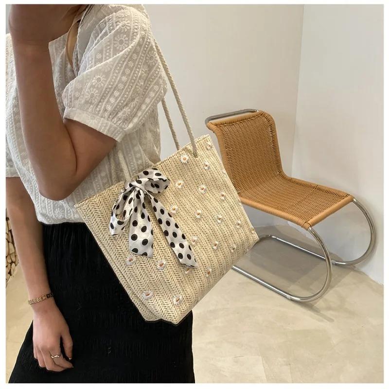 New Straw Woven Tote Bag for Women, Scarf Decoration Large Capacity Beach Handbag, Minimalist Trendy Vacation Shoulder Purse