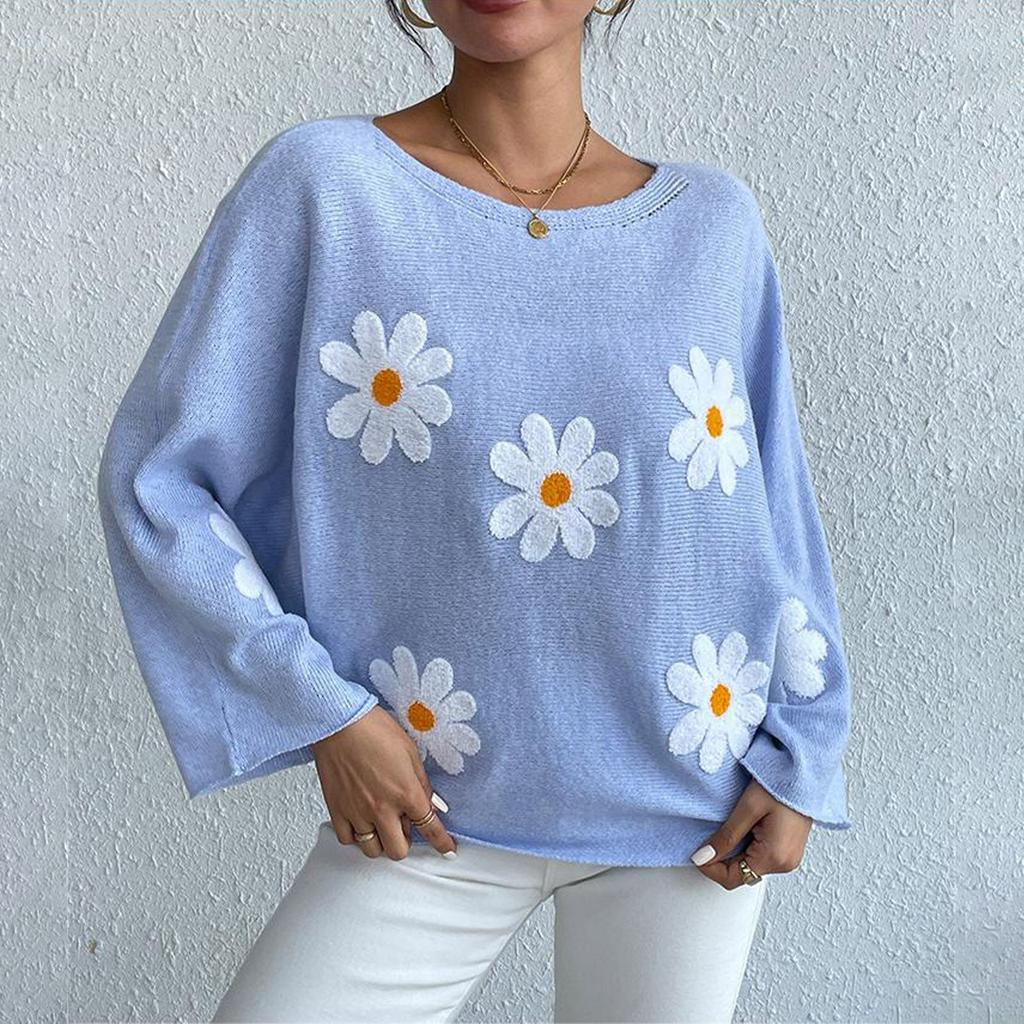 Women's Fashion Casual Flower Print Loose  Sleeve Knitwear Top Sweater