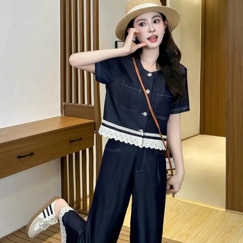 2025 Summer Lace Patchwork Denim Vest & Wide Leg Pants Set