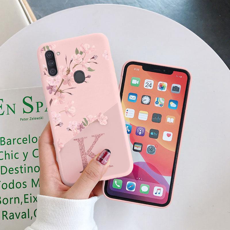 Pink Flower Case For Samsung Galaxy A11 M11 Phone Cover Soft Silicone Initial Letter Fashion Shell Coque For Samsung A 11 Fundas