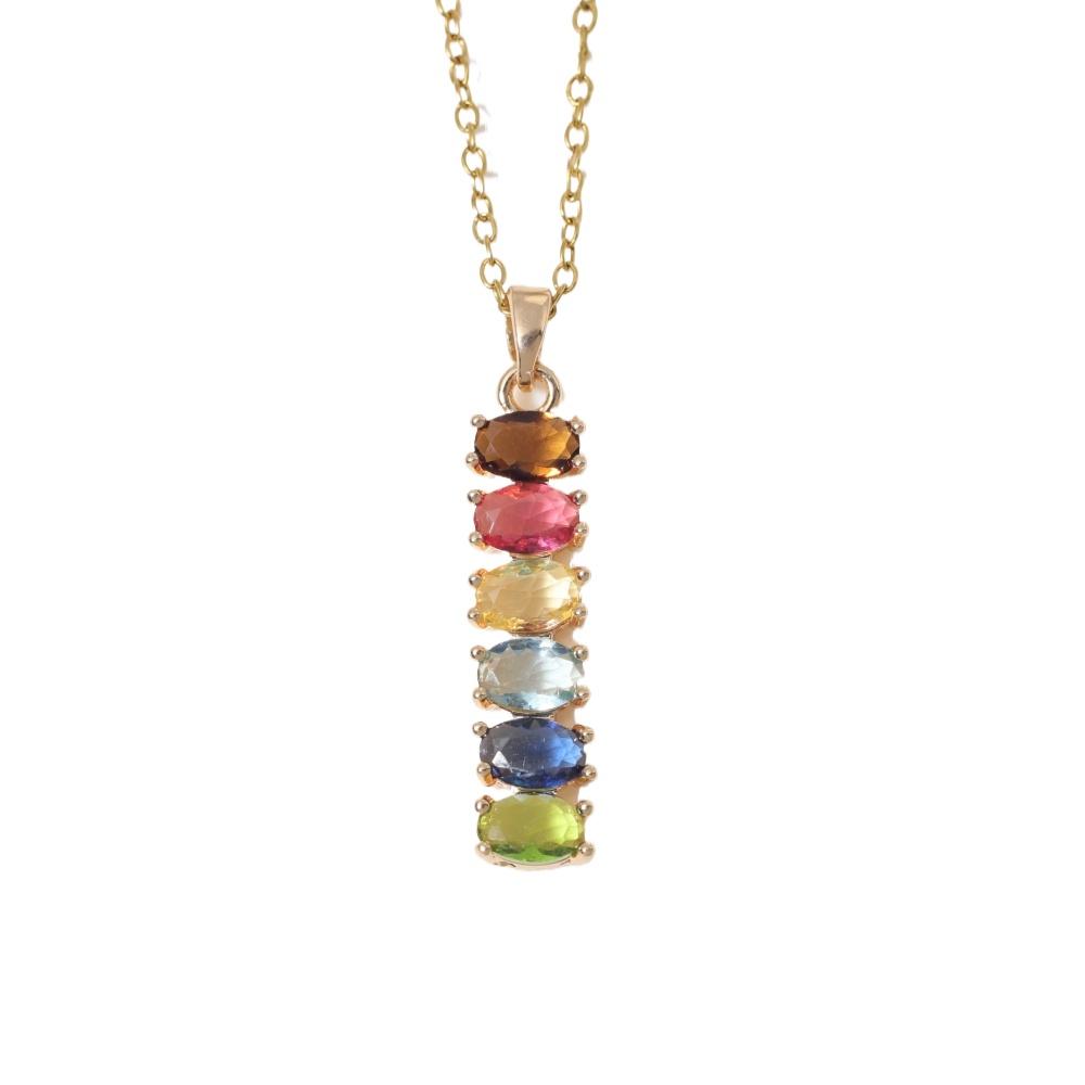 Regenbogen Mehrfarbiger Zirkonia Vertikaler Stab Anhänger Halskette, Goldfarbener Chakra Schmuck für Damen