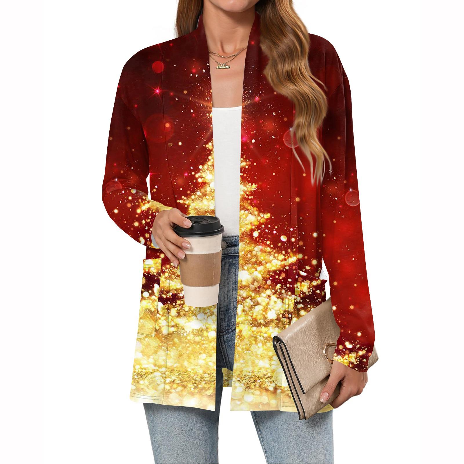 

Women s Christmas Printed Lightweight Cardigan Long Sleeved Casual Loose Thin Fit With Pockets Cardigan Jacket XL
