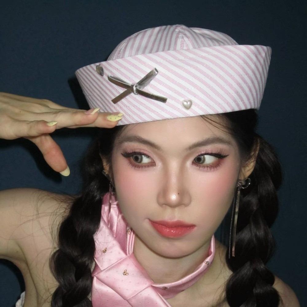 Y2K Niche Stripe Bow Sailor Hat Diamond-Encrusted Breathable Flipped Brim Beret Comfortable Stripe Sailor Hat Women