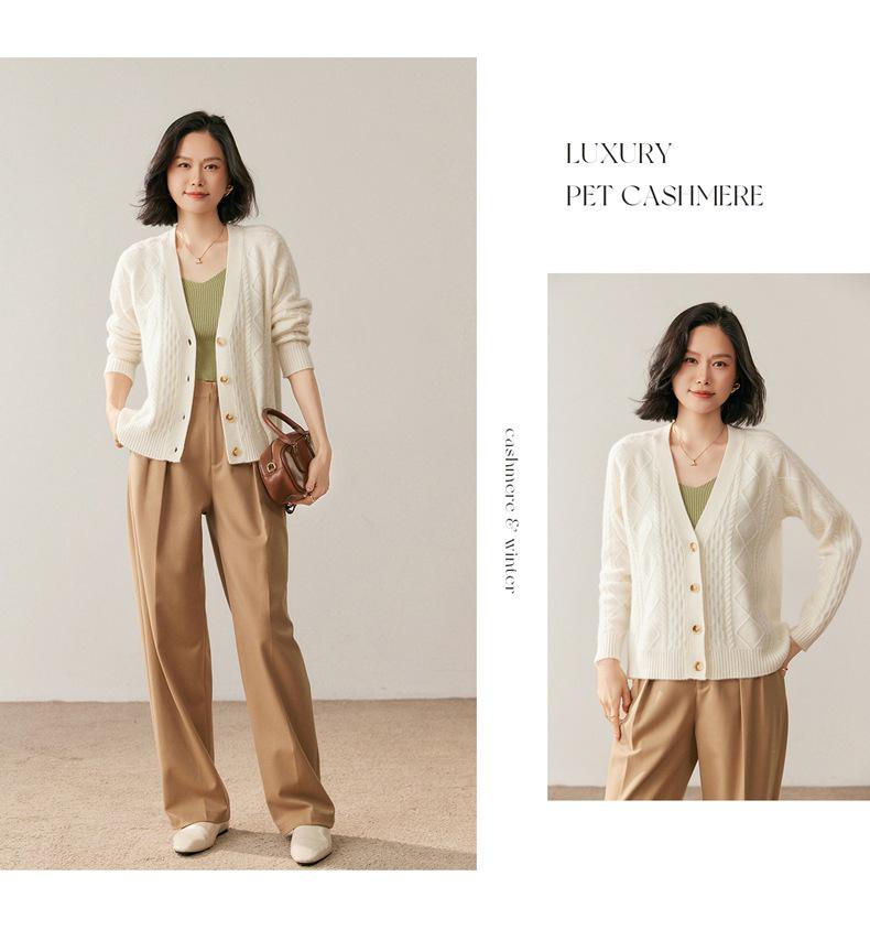 Women's Elegant 30% Cashmere V-Neck Cable Knit Cardigan - Loose Short Winter Sweater