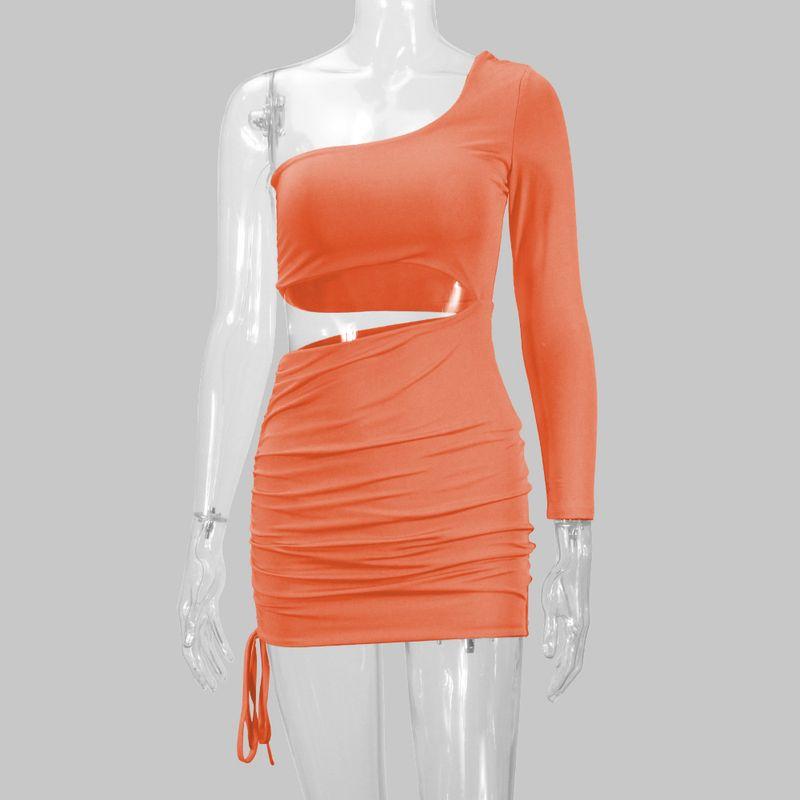 

Ruched Fashion One Shoulder Midriff Outfit Irregular Dress Orange powder L