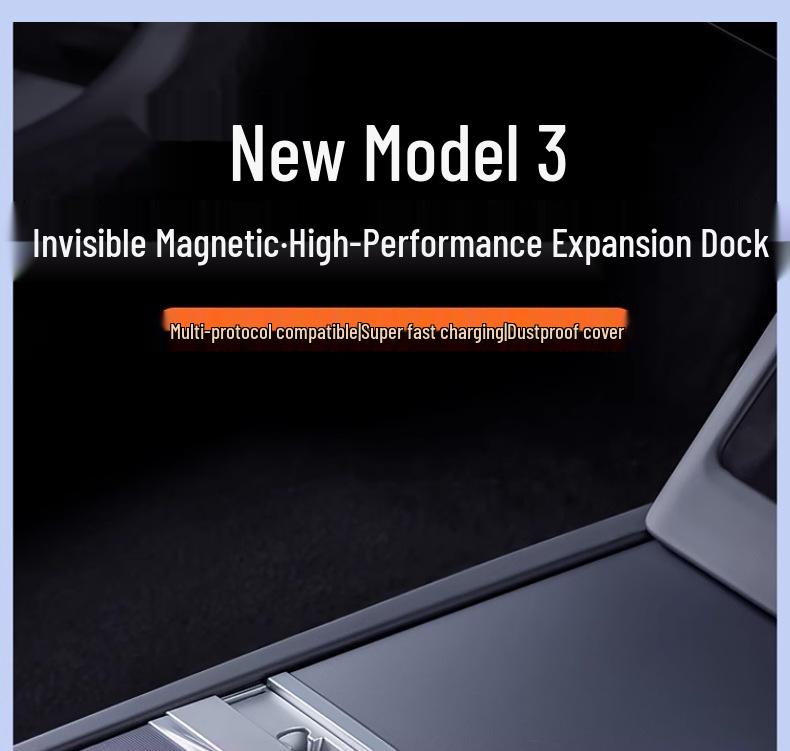 Příslušenství pro osvěžení modelu Tesla 3/Y, výsuvný dok s rychlonabíjením PD pro středovou konzoli.