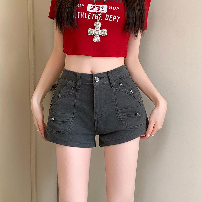 

High Street Retro Spicy Girl High Waist Denim Shorts - Women s Summer Loose Wide-Leg Hot Pants Small сірий колір/зелений