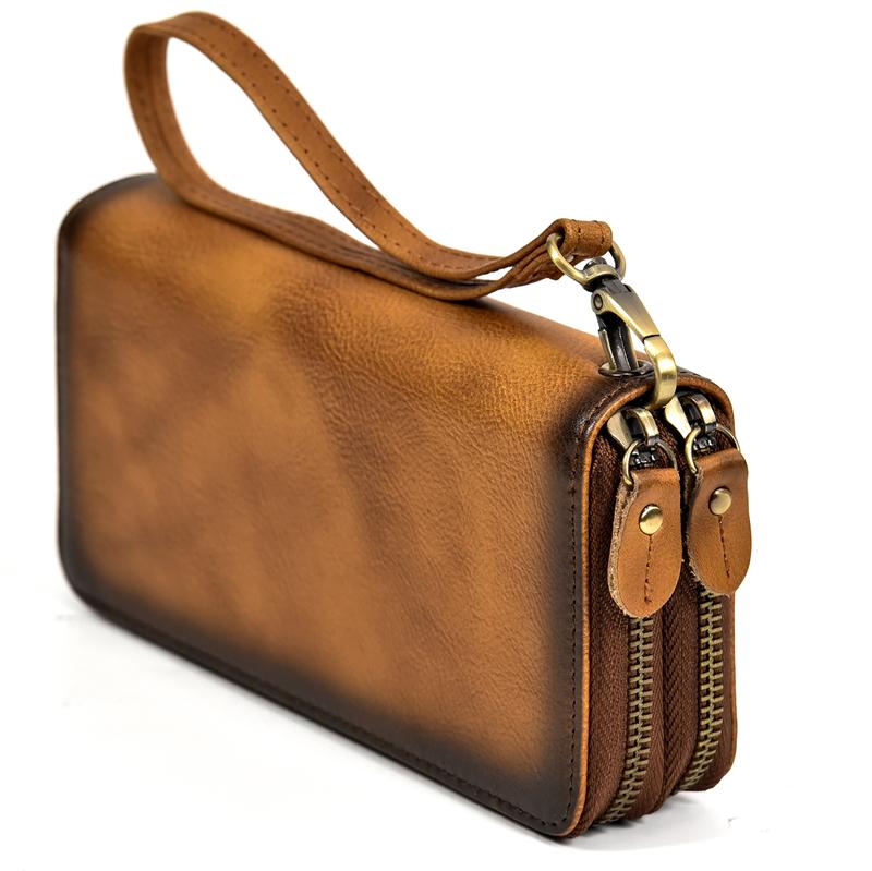 Brand Designer Retro Real Leather Wallet Male Business Casual With Double Zipper Cow Skin Crazy Horse Wallet With Wristlet