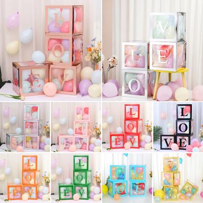4 Pcs Balloon Box DIY Assembly Transparent Paper Box Balloon Box with Letters Reusable Stackable Cube Decorative Box for Party Wedding Birthday