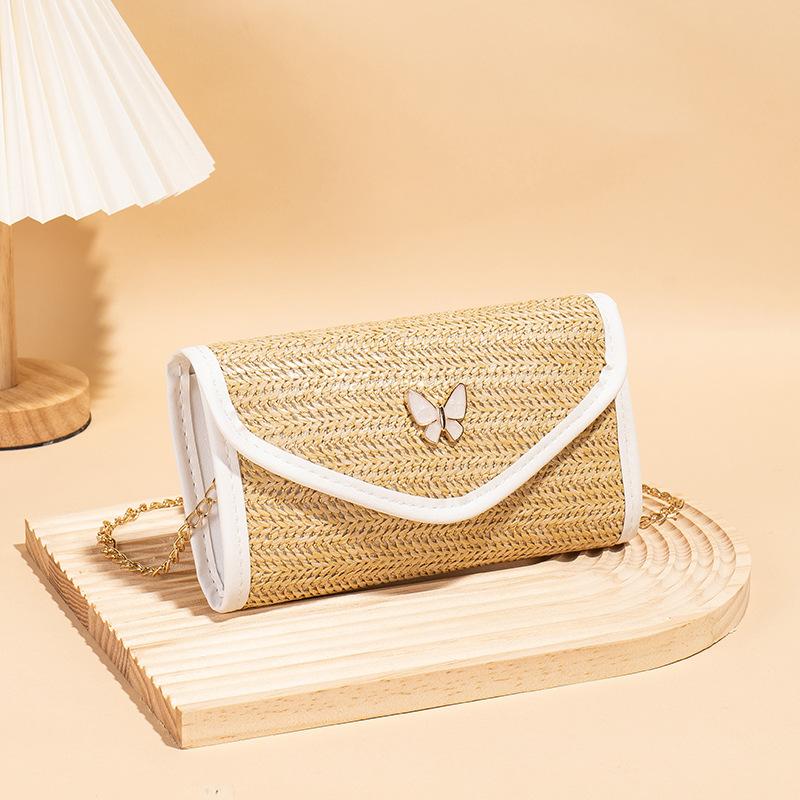 Straw Small Bag New Fashionable Women's Small Bag One Shoulder Crossbody Chain Bag Butterfly Woven Small Square Bag