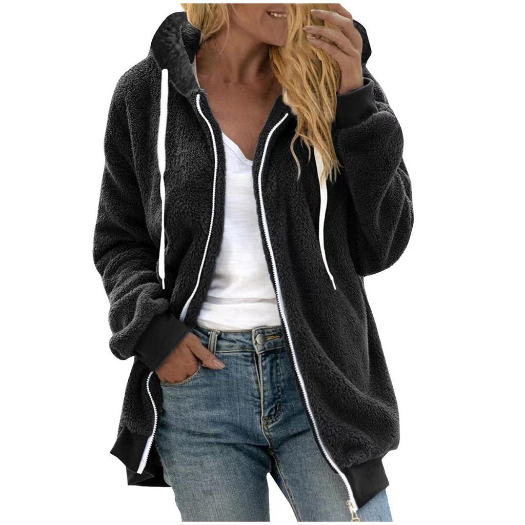 Women's Fashionable Plush Zipper Solid Color Pocket Hooded Long Sleeved Loose Warm Jacket
