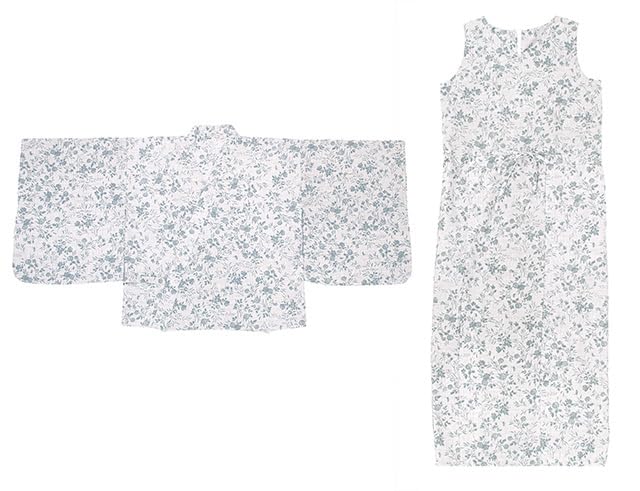 SOUBIEN Yukata Set and Free Gray with Small Floral and Women's 3-Piece (Jacket, Dress, Obi), Size, White-Brown Colors, ykp10088-obs10028