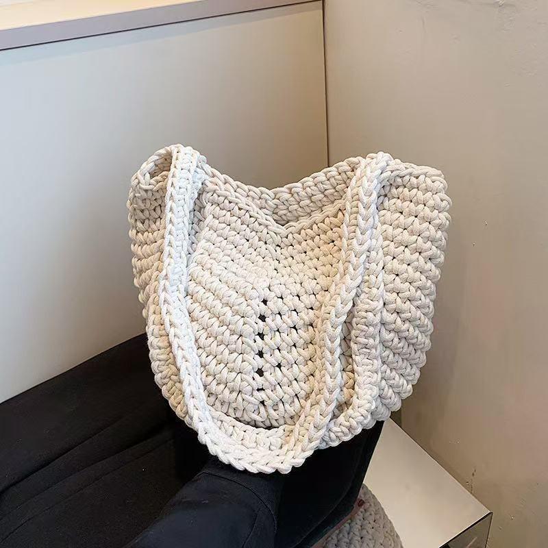New shoulder cotton thread straw bag hand-woven bag women's large capacity bucket bag versatile seaside resort sand