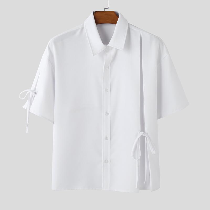 

INCERUN Summer Men Lapel Neck Short Sleeve Solid Bow Knot Buttons Casual Shirts