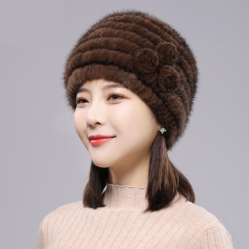 Hot Sale Winter Thick Women Real Mink Fur Hat Outdoor Keep Warm Real Mink Fur Hats Lady Knitted Natural Mink Fur Cap