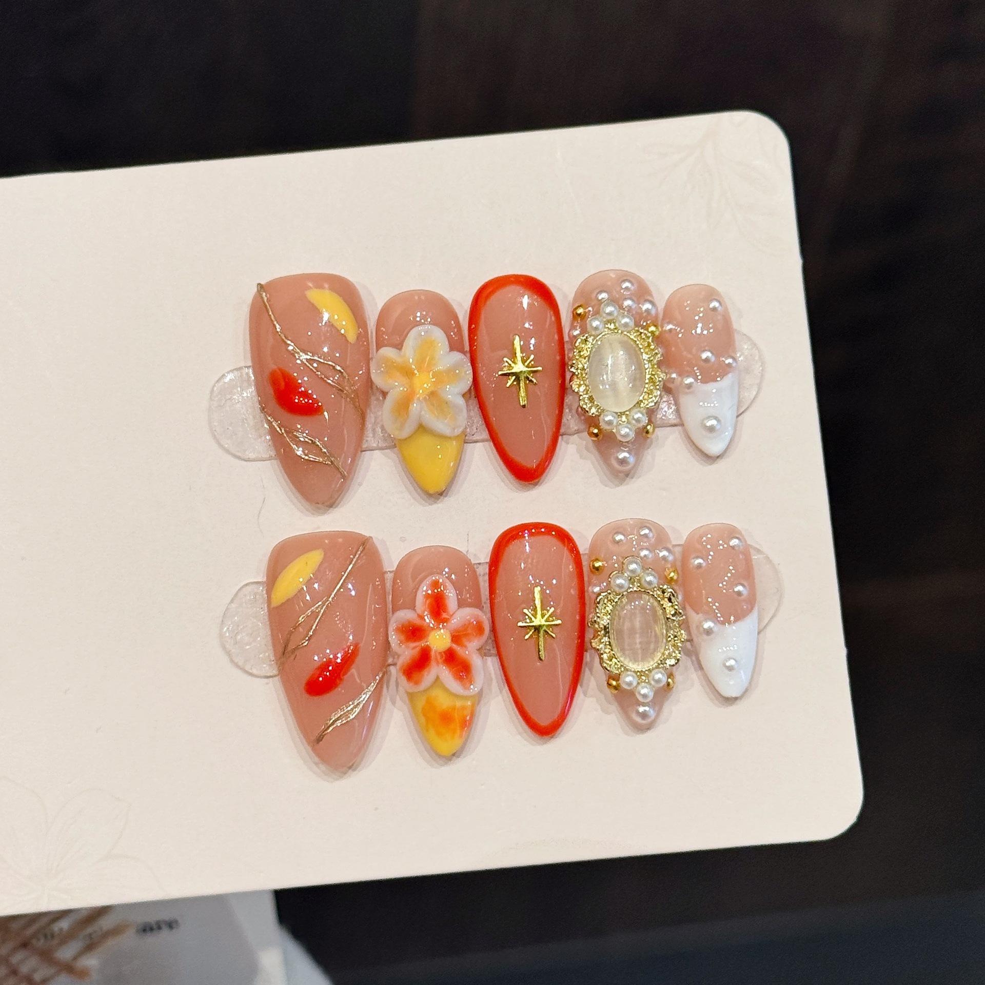 

Миндалевидные накладные ногти, искусственные ногти с 3D цветочным дизайном, клей для накладных ногтей, многоразовые акриловые ногти, глянцевые, с полным покрытием, самоклеящиеся ногти для женщин L