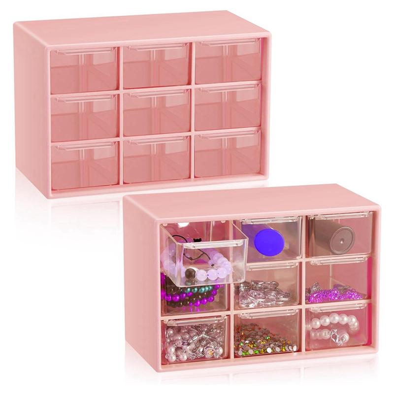 A20F-2 Pcs Small Drawer Organizer 9 Drawer Toolbox Mini Drawer Organizer With Clear Drawers Desktop Storage Box розовый