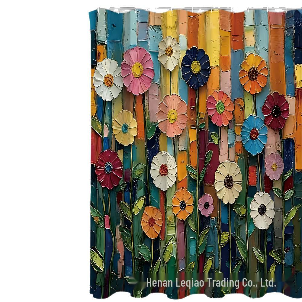 Künstlerisches Duschvorhang-Set im Ethno-Stil: Bunte Blumen & Pinselstrich-Blätter