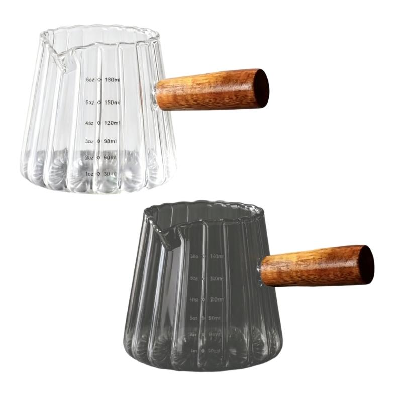 Glass Milk Frothing Cup 180Ml with Wooden Handle Double Measurement Lines and Pour Spout Espresso Shot Glass for Coffee Station Kitchen Tasks