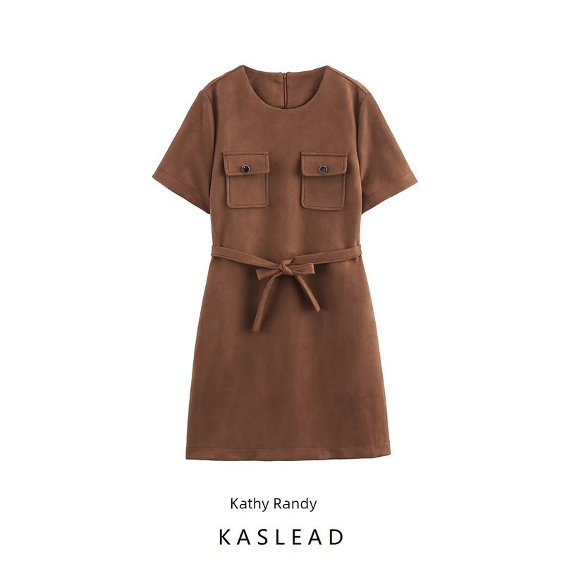 Kaslead New Arrival Women's Clothing Fashion Style Fashion with Belt Suede Texture Effect Dress 4344157