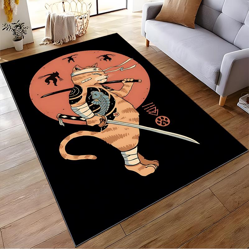 Cartoon Cat Ninja Samurai Carpet with Sword and Orange Moon Scene Suitable for use as an anti-slip for living room bedroom sofas
