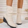 Women's Retro Pleated Pointed Toe Heel Mid-Calf Boots with Back Zipper for Fall Winter