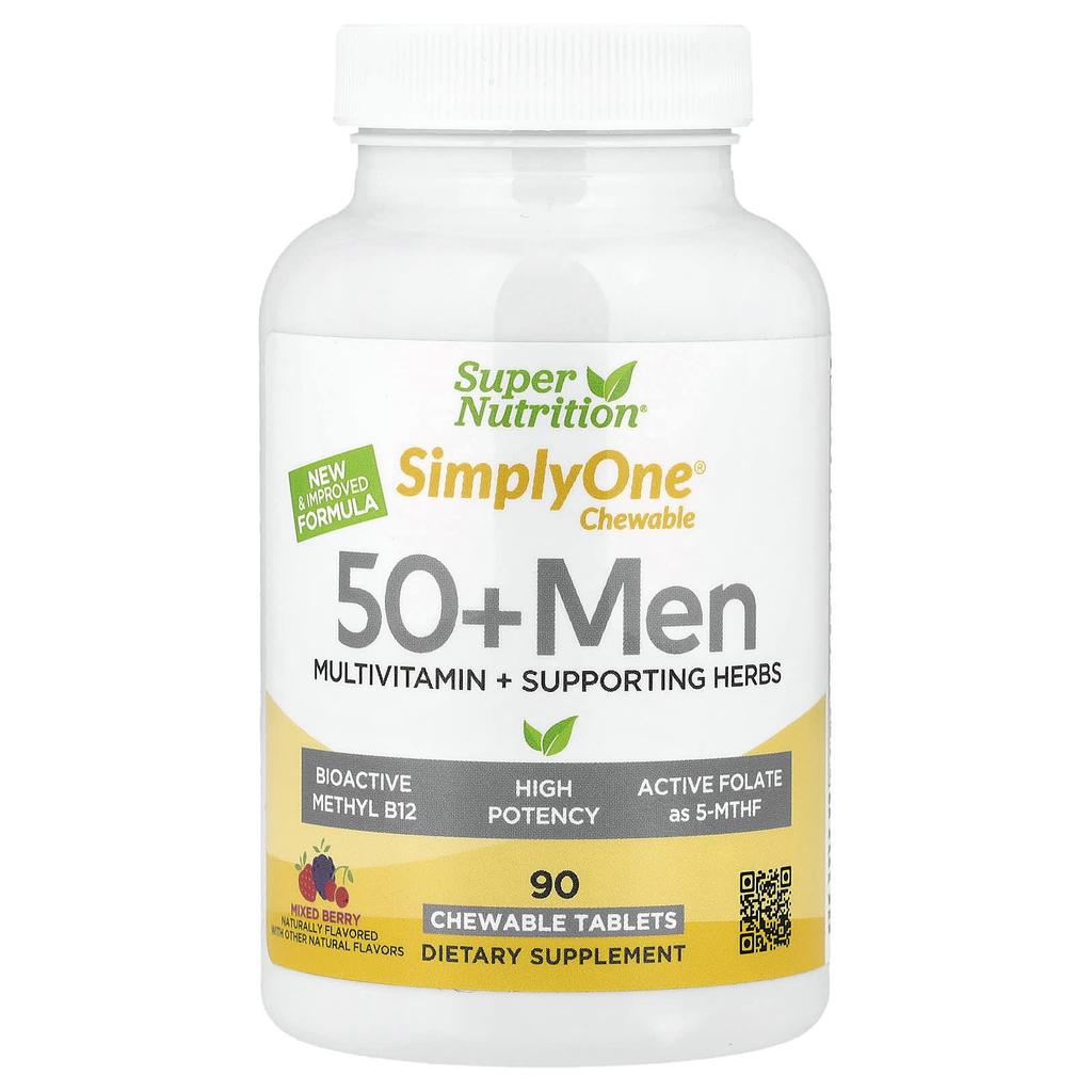 Super Výživa, SimplyOne® Žvýkací Multivitamin + Byliny Podporující Zdraví pro Muže Nad 50 Let, Příchuť Smíšených Bobulí, 90 Žvýkacích Tablet