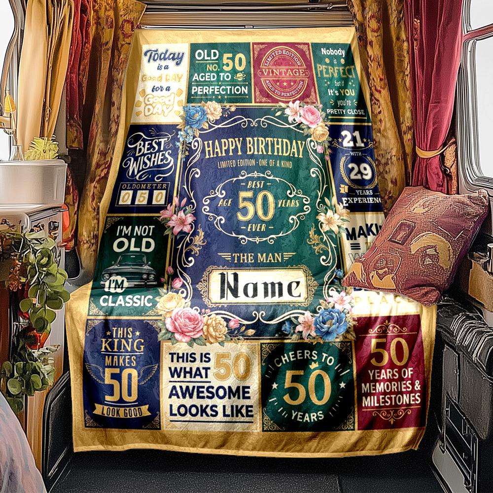 Golden Milestone Celebration Blanket Personalized Name Soft Comfortable Stylish Blanket Car Blanket Perfect For Travel Camping Outdoor Home Suitable