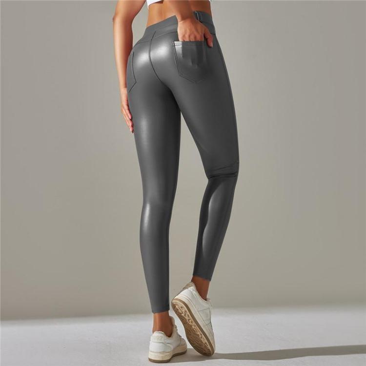 Teplé zimní PU kožené jógové kalhoty jednobarevné posilovací legíny s kapsami sportovní fitness legíny