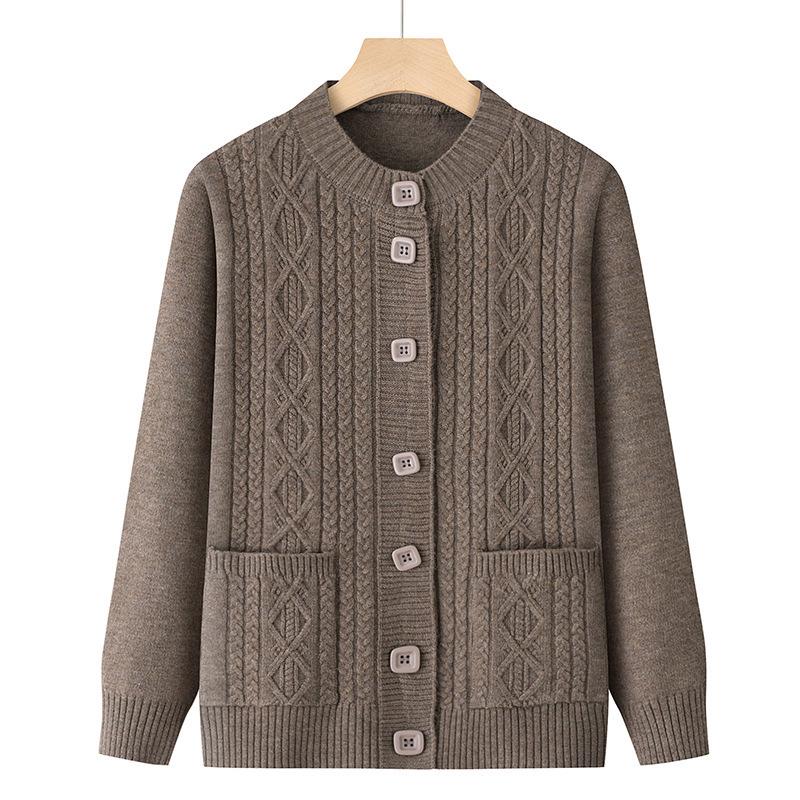 Cardigan a Maglia Rosso a Maniche Lunghe per Mamme - Elegante Maglione Autunnale per Donne di Mezza Età