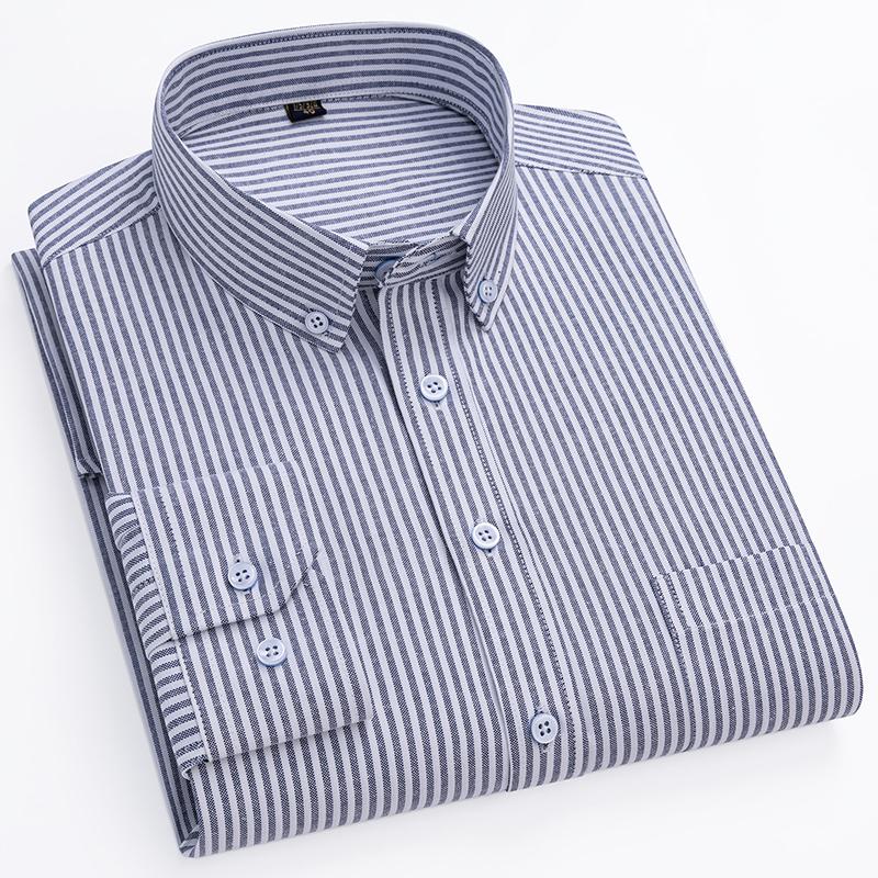 New Cotton Oxford Shirts Men's Long Sleeves Stripe Thin Soft Regular Fit Formal Dress Shirt Pocket Social Blouse Male Clothing