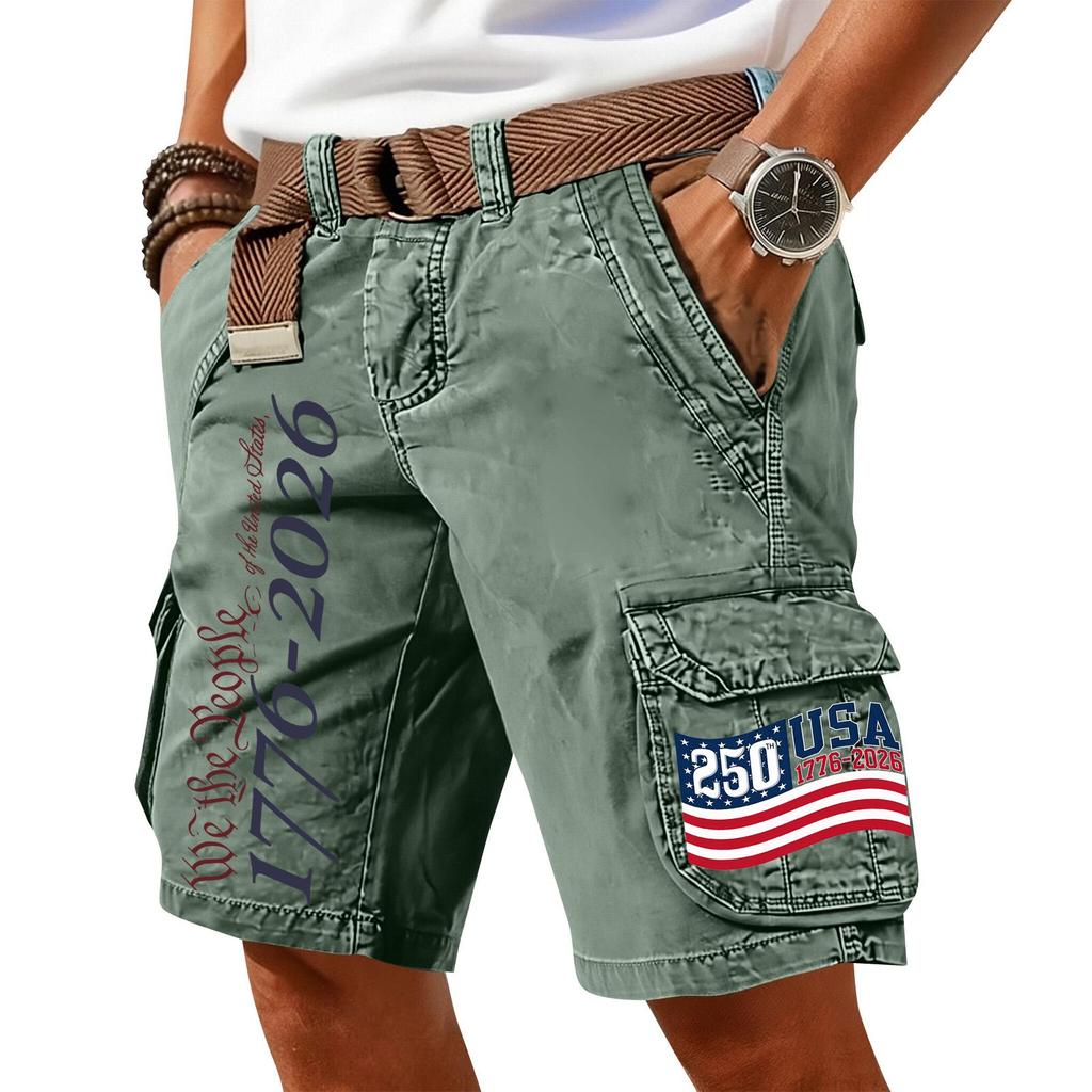 Men Cargo Shorts with Belt Cotton Fabric Multiple Pockets USA Flag Print Casual Loose Fit Outdoor