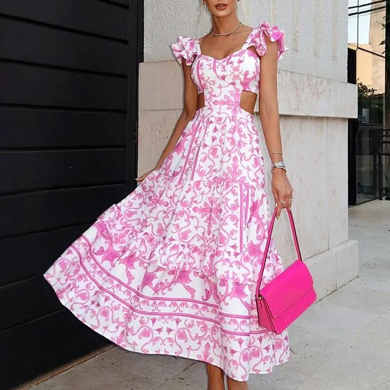 Spring new women s clothing, European and American dresses, sexy fashion printed hollow waist swing skirt S розовый