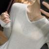 Women's Loose Korean Style V-Neck Thin Sweater - 2023 Long Sleeve Knitted Wool Base Layer Top, White