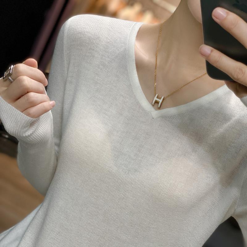 Women's Loose Korean Style V-Neck Thin Sweater - 2023 Long Sleeve Knitted Wool Base Layer Top, White