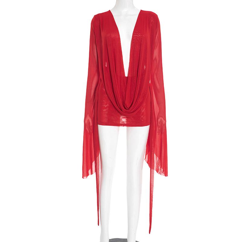

2026 Women s European & American Backless Mesh Ruffle Collar A-line Dress – Long Sleeve, Wide Hem. Medium