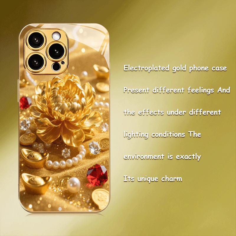Luxurious Gold Floral Pattern Electroplated Glass Phone Case, Suitable for iPhone 17, 16, 15, 14, 13, 12, 11, Etc.