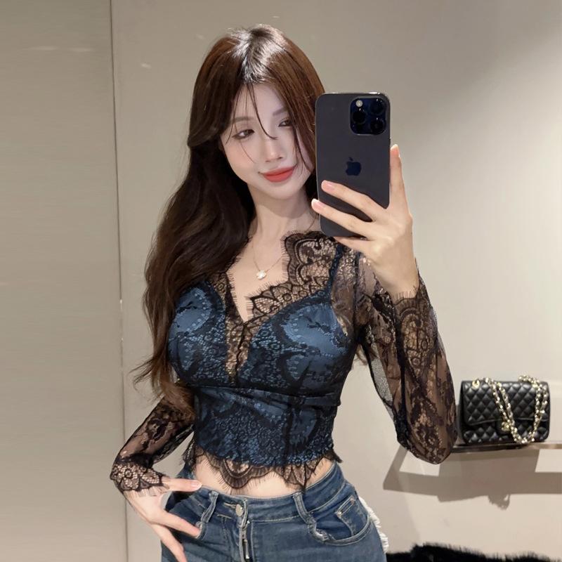 

2523 Юго-Восточная Азия оптовая продажа 2025 женский чистый женская сексуальная кружевная полый тонкий короткий топ женский L