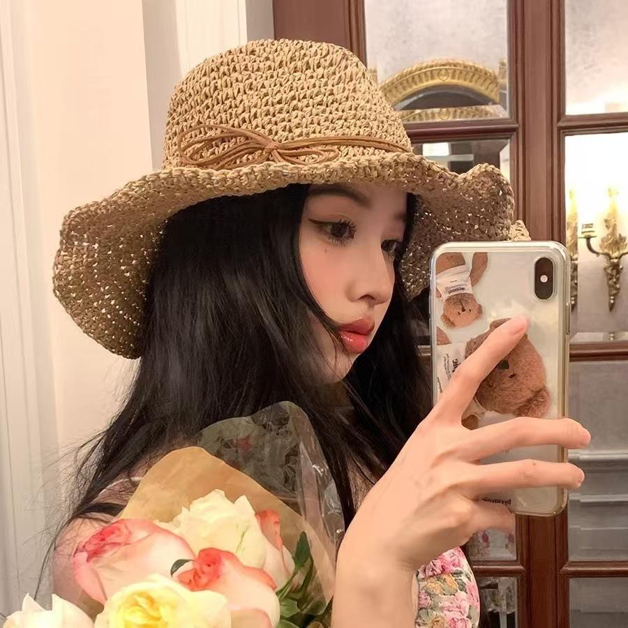 New Holiday Sle Beach Fisherman Hat Seaside Sun Protection Sun Hat Large Brim Bow Woven Straw Hat Women