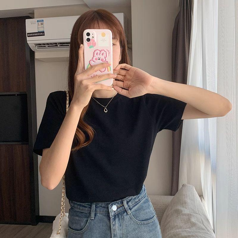 Koreanische Version Einfarbig Retro Kurzarm-T-Shirt für Damen Neu Vielseitig Locker Studenten Slim Casual Oberteil