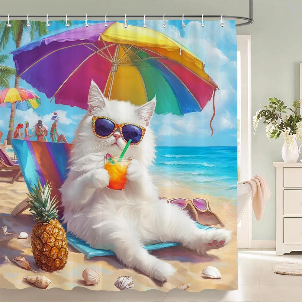 Individuality Creative Beach Animals Fabric Shower Curtain Bath Curtains For Bathroom Funny Cats And Dogs Home Decorate Curtain