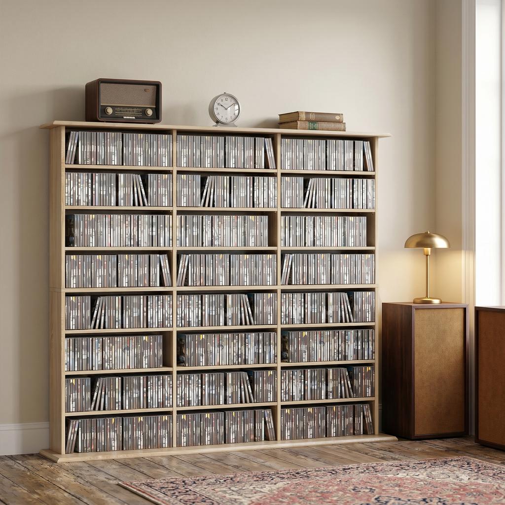CD/DVD Storage Unit, 1032 CDs / 594 DVDs, 24 Compartments, 18 Adjustable Shelves, Oak